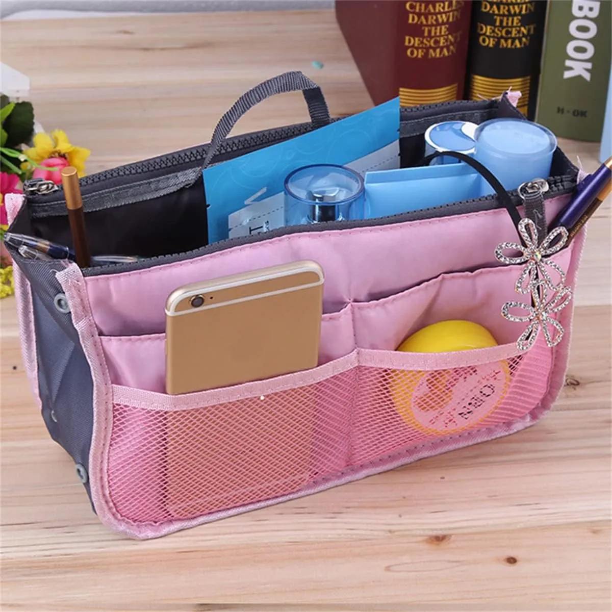 Large Capacity Purse Organizer Nylon Multiple Pockets Handbag Organizer with Mesh Grid Men Women Outdoor Travel Insert Compartment Tote Bag for Cosmetics Mobile Phones Cards Money(Pink)
