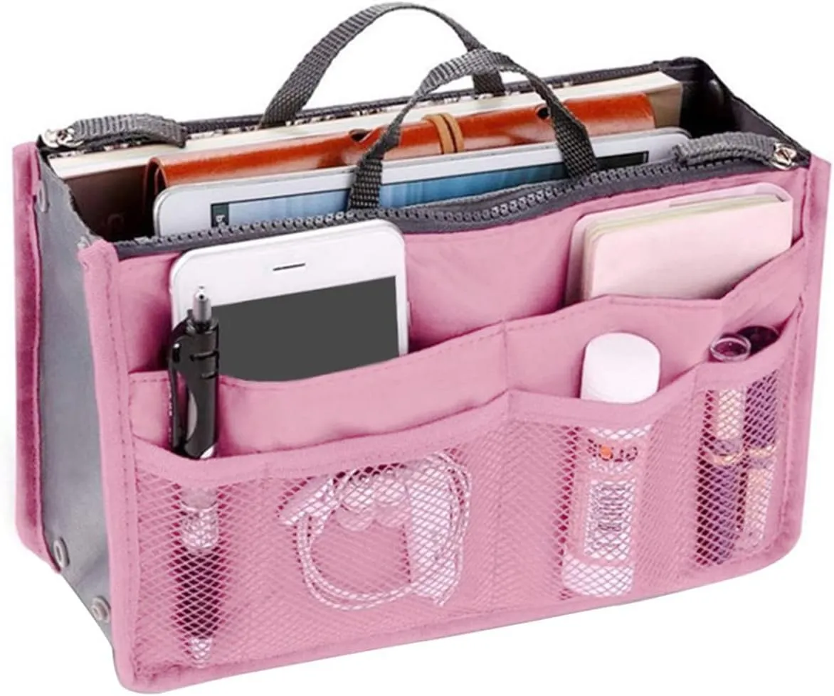 Large Capacity Purse Organizer Nylon Multiple Pockets Handbag Organizer with Mesh Grid Men Women Outdoor Travel Insert Compartment Tote Bag for Cosmetics Mobile Phones Cards Money(Pink)