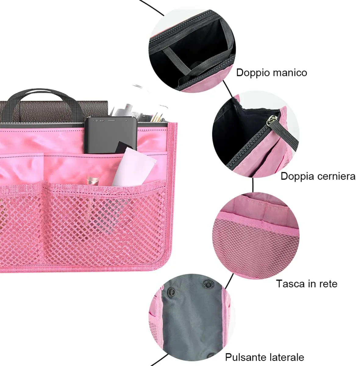 Large Capacity Purse Organizer Nylon Multiple Pockets Handbag Organizer with Mesh Grid Men Women Outdoor Travel Insert Compartment Tote Bag for Cosmetics Mobile Phones Cards Money(Pink)