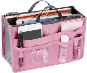 Large Capacity Purse Organizer Nylon Multiple Pockets Handbag Organizer with Mesh Grid Men Women Outdoor Travel Insert Compartment Tote Bag for Cosmetics Mobile Phones Cards Money(Pink)