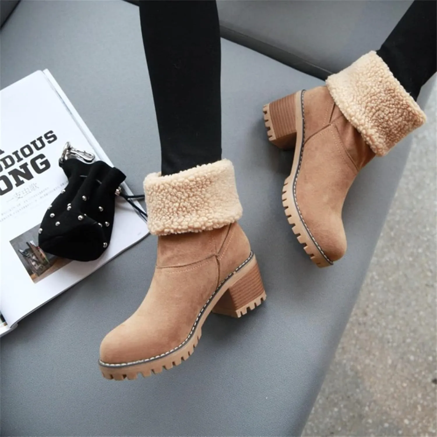 Lausiuoe Winter Boots For Women Fashion Wide Calf Snow Boots Fur Lined Warm Fuzzy booties Casual Outdoor Comfortable Shoes 2022