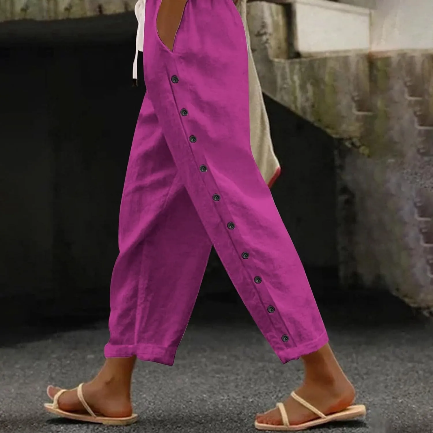 LCMTWX Women's Linen Pants Waist Pants Drawstring Capri Pants with Pockets Wide Leg Cropped Pants High Waisted Pants for