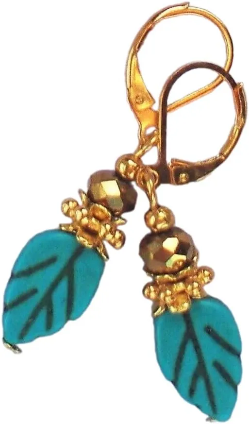 Leaf Shape Howlite Drops Hand And Metal Blue Gold Plated Artisan Earrings Jewelry Handmade Dangle Leverback Vintage Crafted For Women