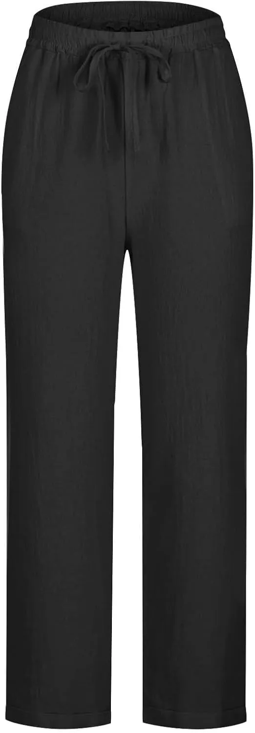 Linen Pants for Women Summer Lightweight Drawstring Waisted Casual Trousers Wide Leg Beach Lounge Pants with Pockets