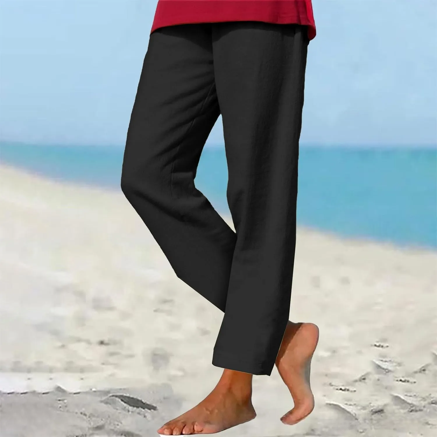 Linen Pants for Women Summer Lightweight Drawstring Waisted Casual Trousers Wide Leg Beach Lounge Pants with Pockets