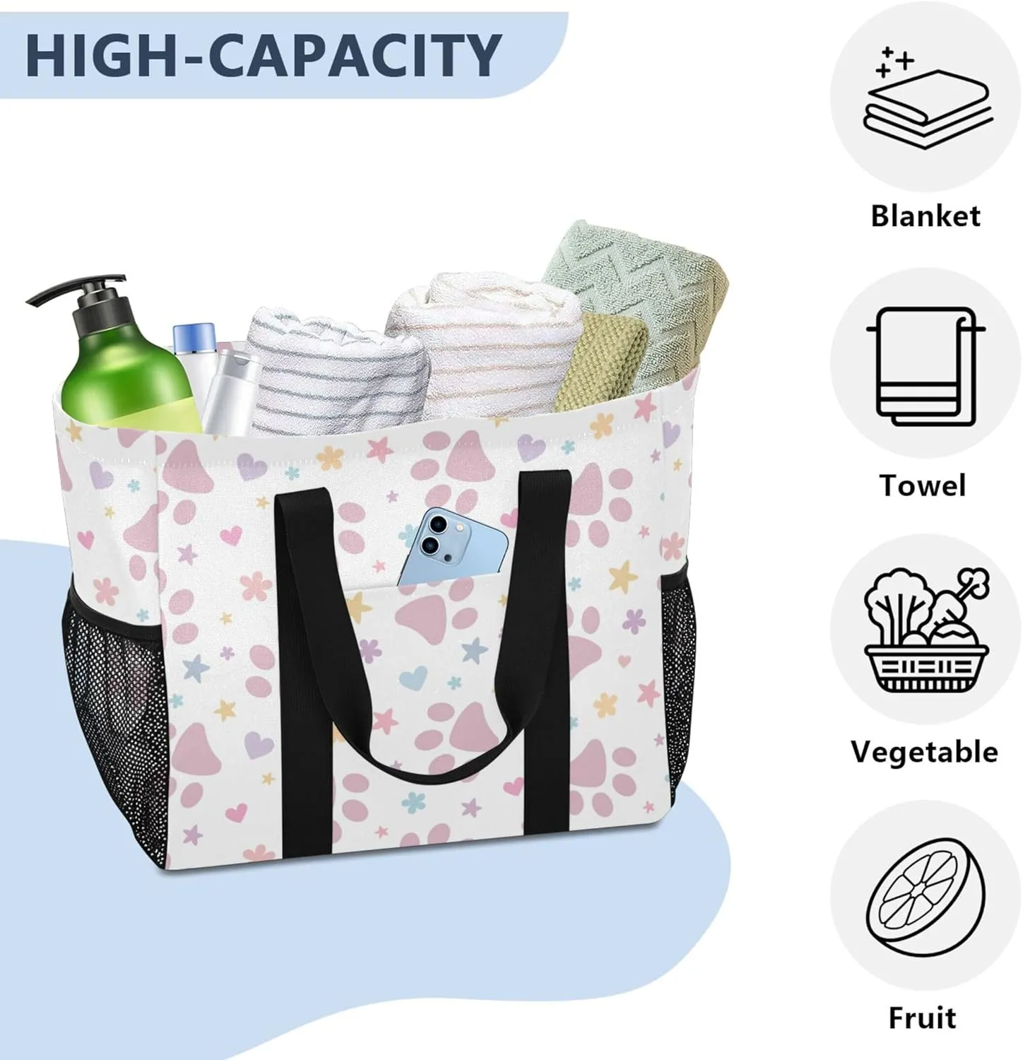 linqin Cute Cat Pattern Reusable Grocery Bags, Foldable Canvas Tote Bag Waterproof Travel Beach Bag for Shopping Work Gym