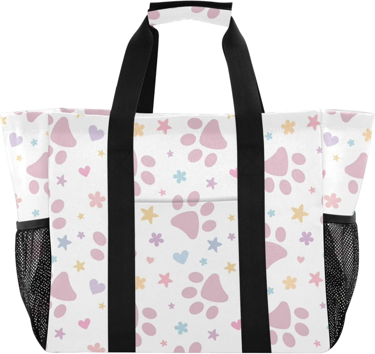 linqin Cute Cat Pattern Reusable Grocery Bags, Foldable Canvas Tote Bag Waterproof Travel Beach Bag for Shopping Work Gym
