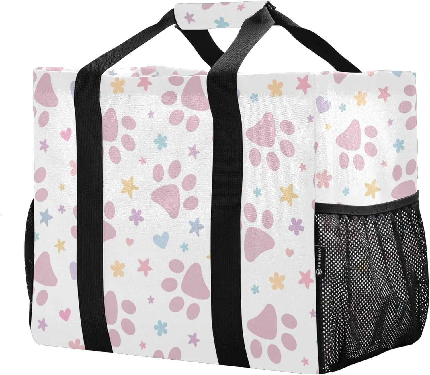 linqin Cute Cat Pattern Reusable Grocery Bags, Foldable Canvas Tote Bag Waterproof Travel Beach Bag for Shopping Work Gym