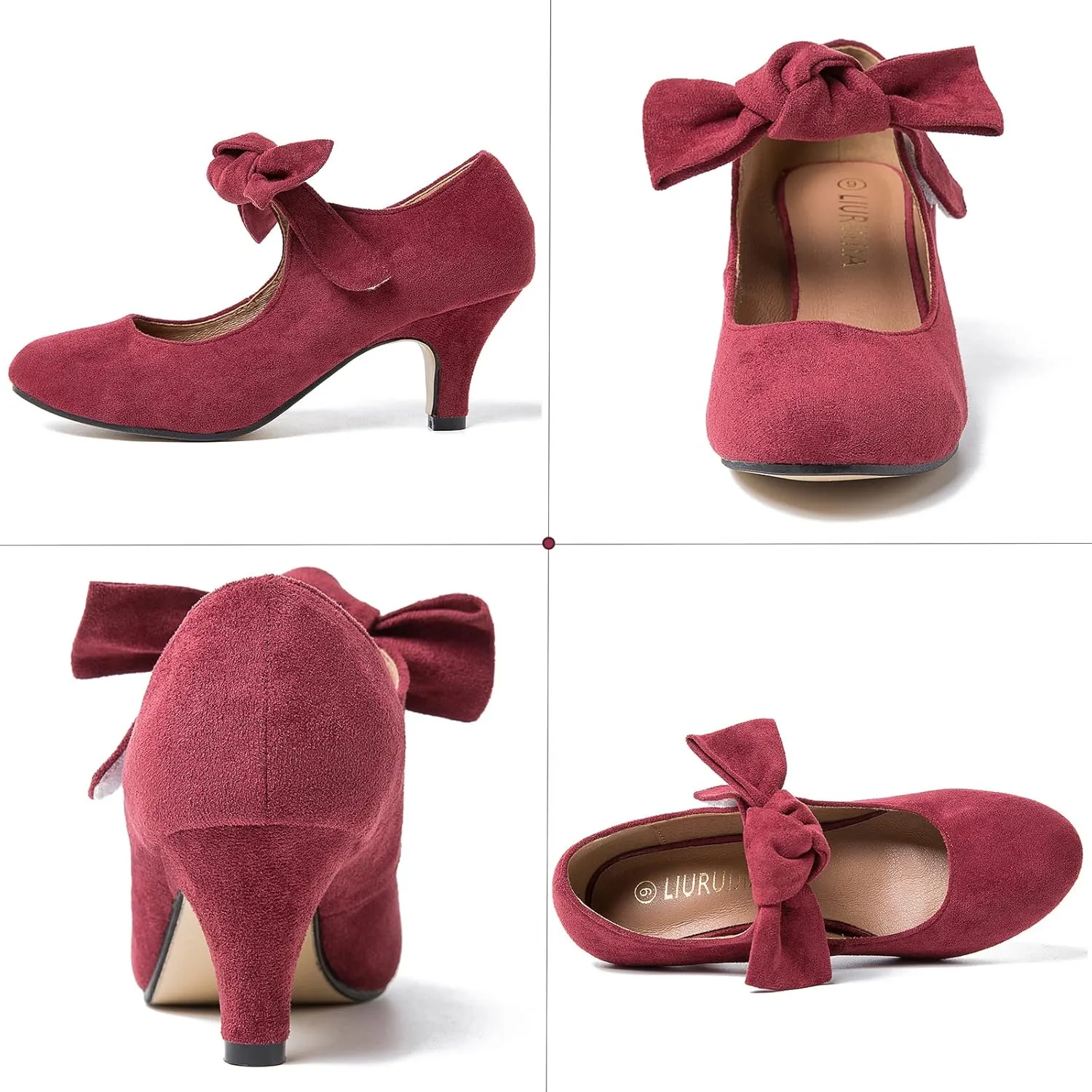 LIURUIJIA Women's Bow Heels Mary Jane Kitten Heel Pumps Round Toe Low Heels Ankle Strap Wedding Evening Party Dress Shoes
