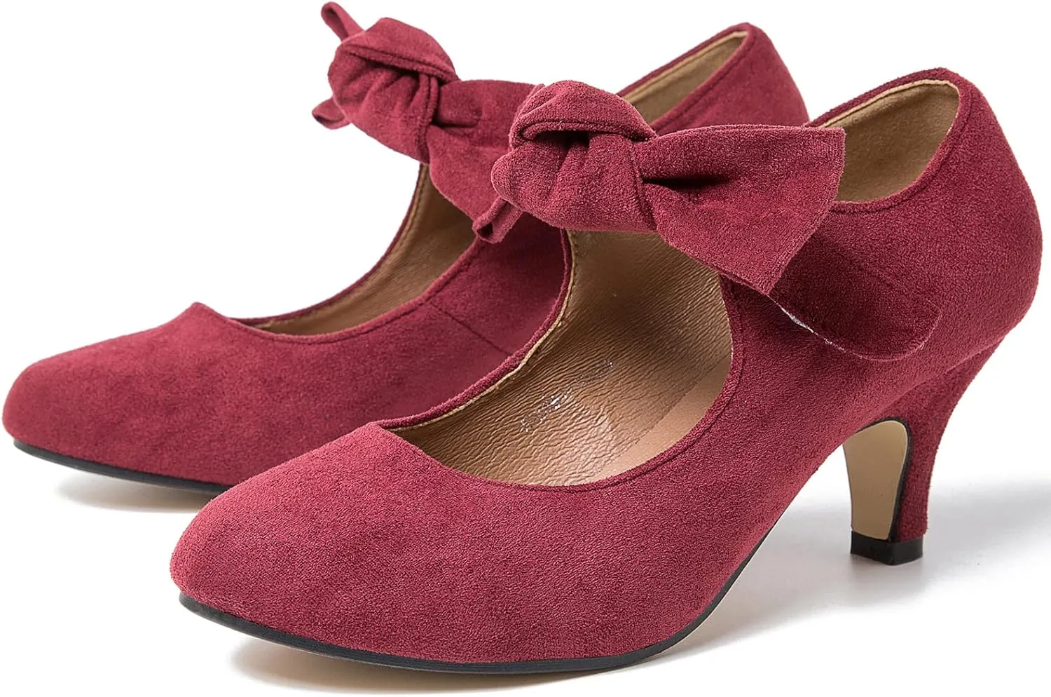 LIURUIJIA Women's Bow Heels Mary Jane Kitten Heel Pumps Round Toe Low Heels Ankle Strap Wedding Evening Party Dress Shoes