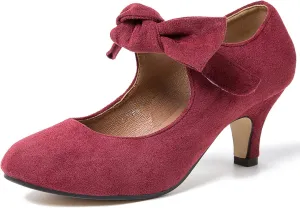 LIURUIJIA Women's Bow Heels Mary Jane Kitten Heel Pumps Round Toe Low Heels Ankle Strap Wedding Evening Party Dress Shoes