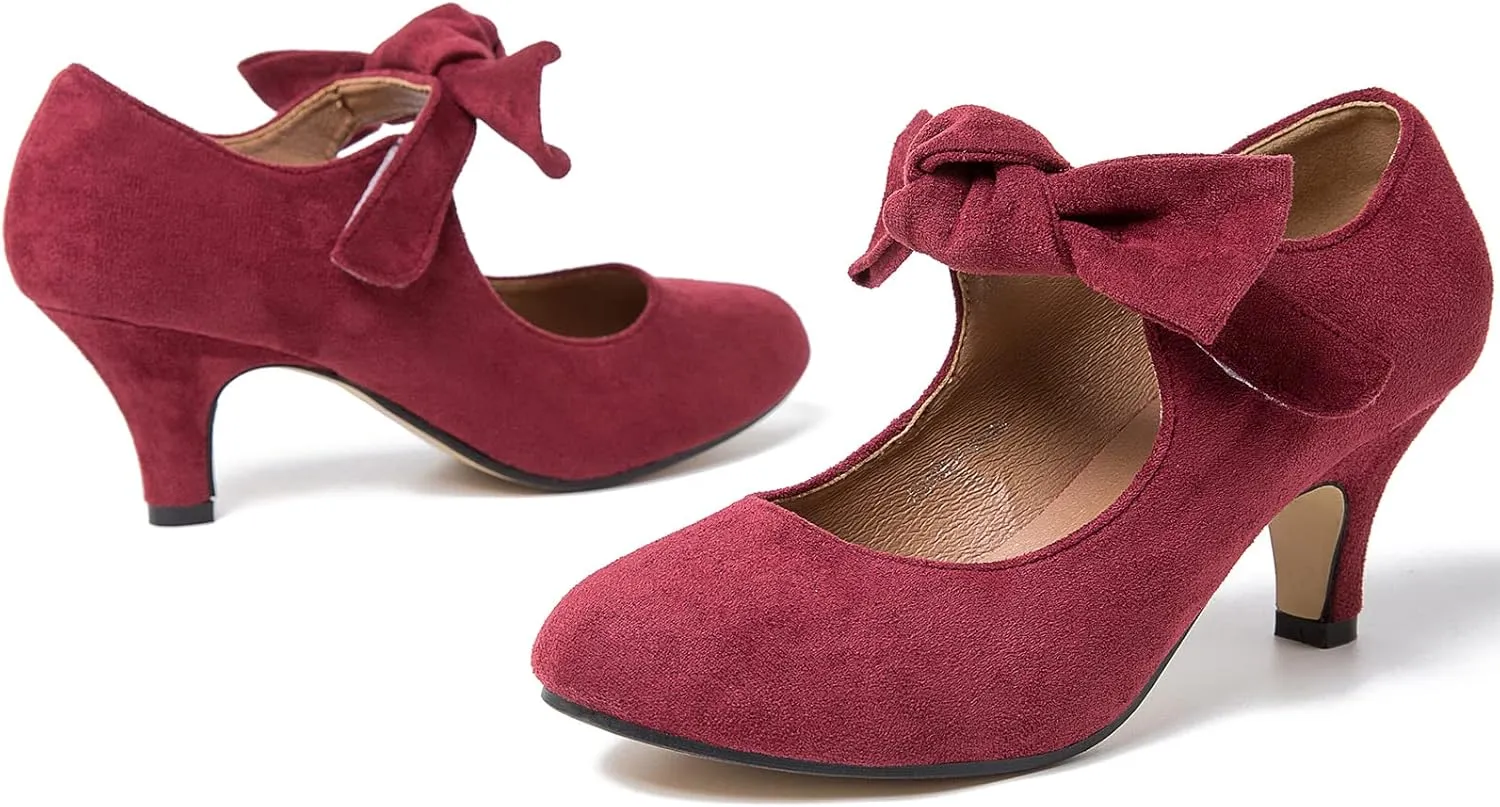 LIURUIJIA Women's Bow Heels Mary Jane Kitten Heel Pumps Round Toe Low Heels Ankle Strap Wedding Evening Party Dress Shoes