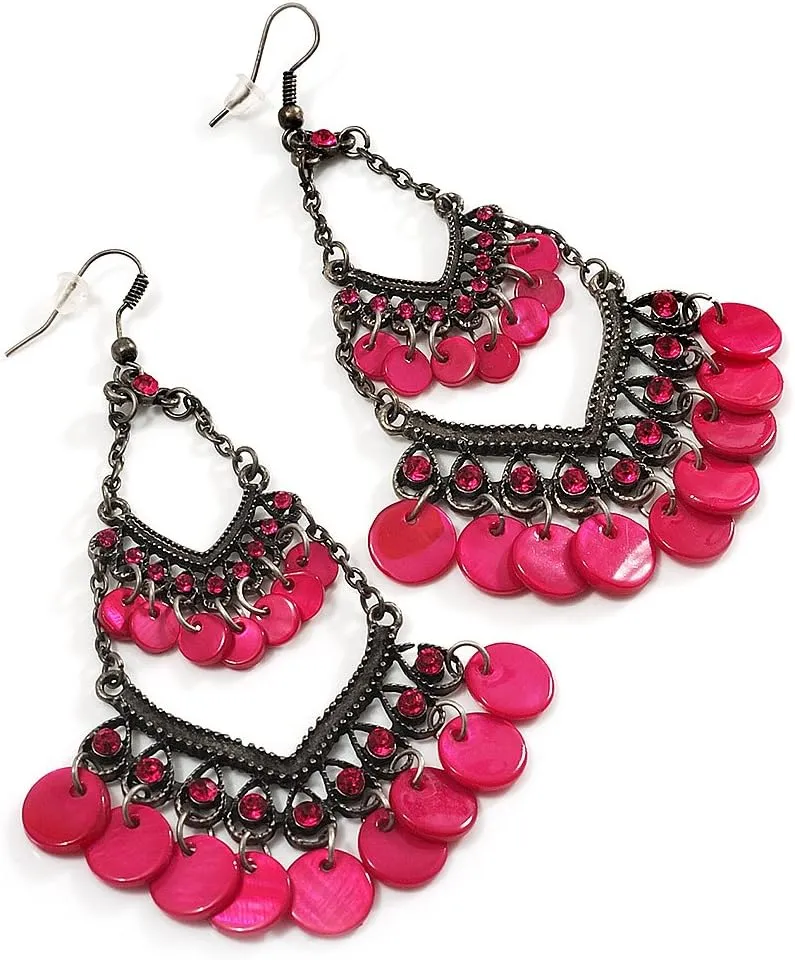 Long Magenta Shell Disk Chandelier Earrings - 9.5cm Drop