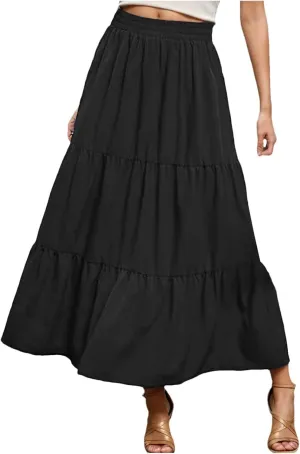 Long Skirts for Women Maxi Skirt Drawstring High Waisted Summer Long Skirts Lightweight Tiered Flowy Pleated Skirts