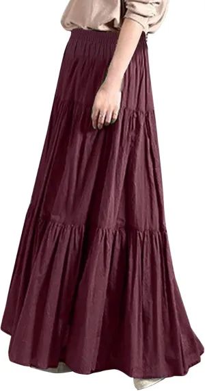 Long Skirts for Women Maxi Skirt Drawstring High Waisted Summer Long Skirts Lightweight Tiered Flowy Pleated Skirts