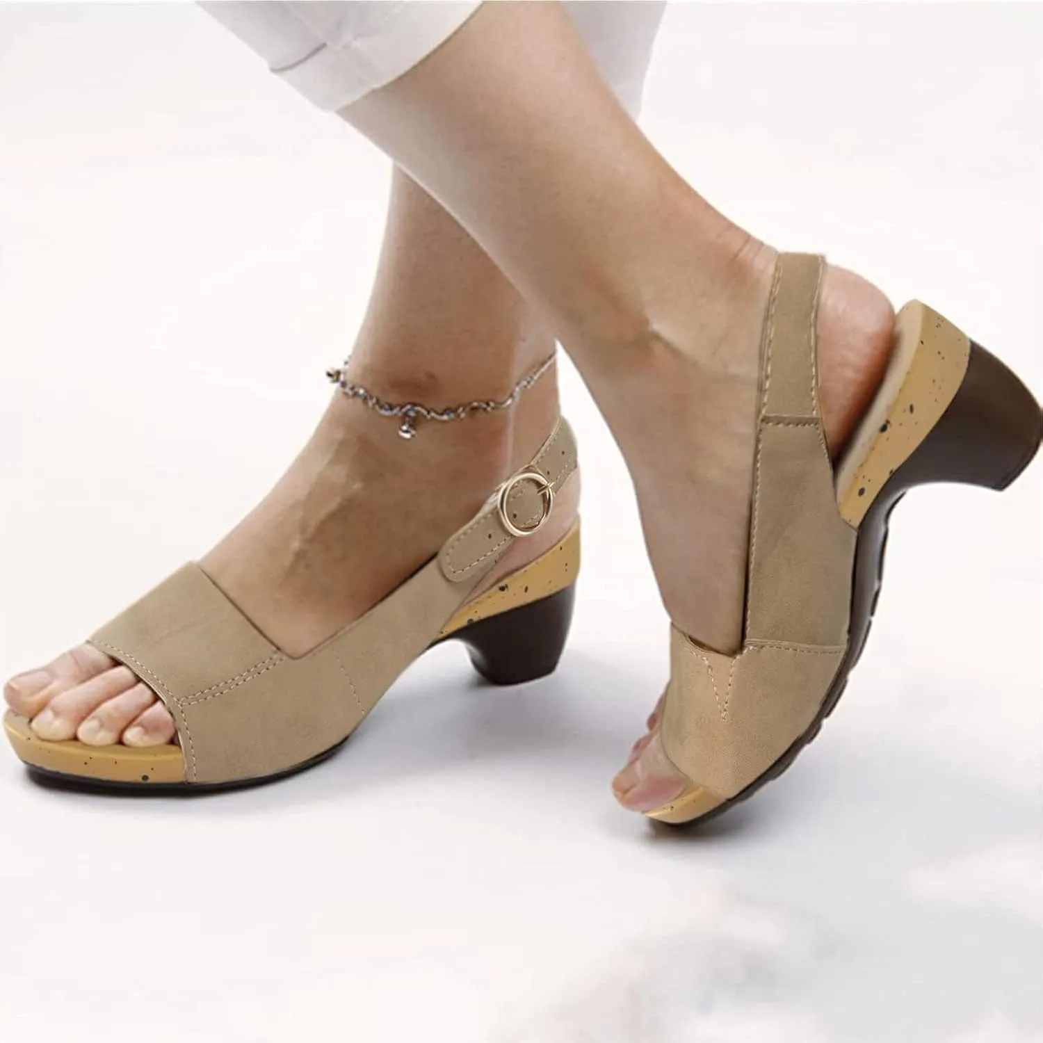 Low Chunky Heel Sandals for Women Open Toe Slingback Buckle Strap Sandals, Summer Comfortable Elegant Low Heels Anti-Slip Casual Breathable Walking Shoes