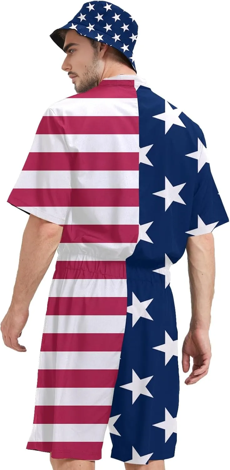 Male Hawaiian Rompers Personalized Graphic Printed Jumpsuit for Men with Bucket Hats