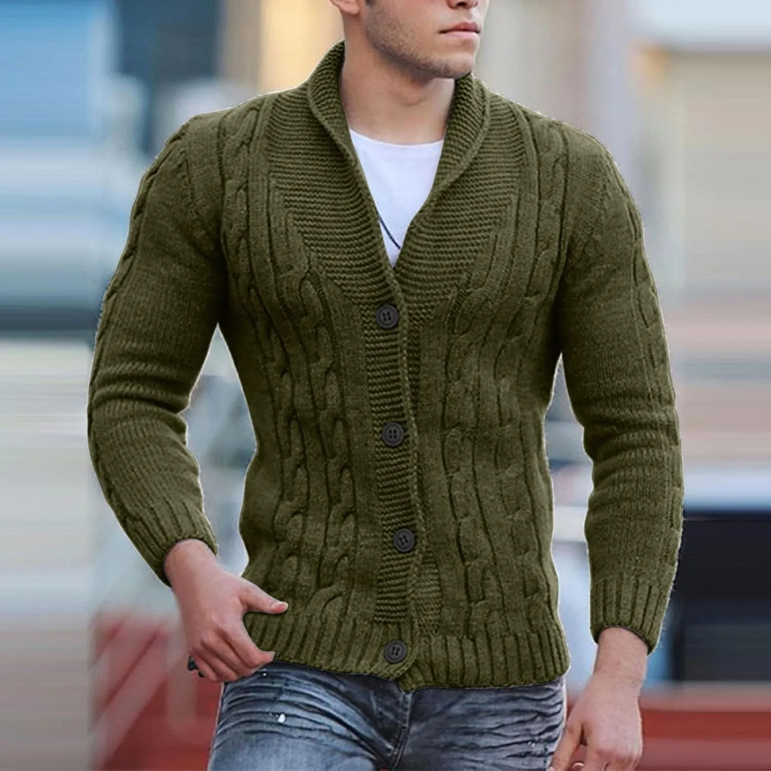 Mens Cable Knit Cardigan Sweater Shawl Loose Fit Long Sleeve Casual Cardigans Jacket Long for Men