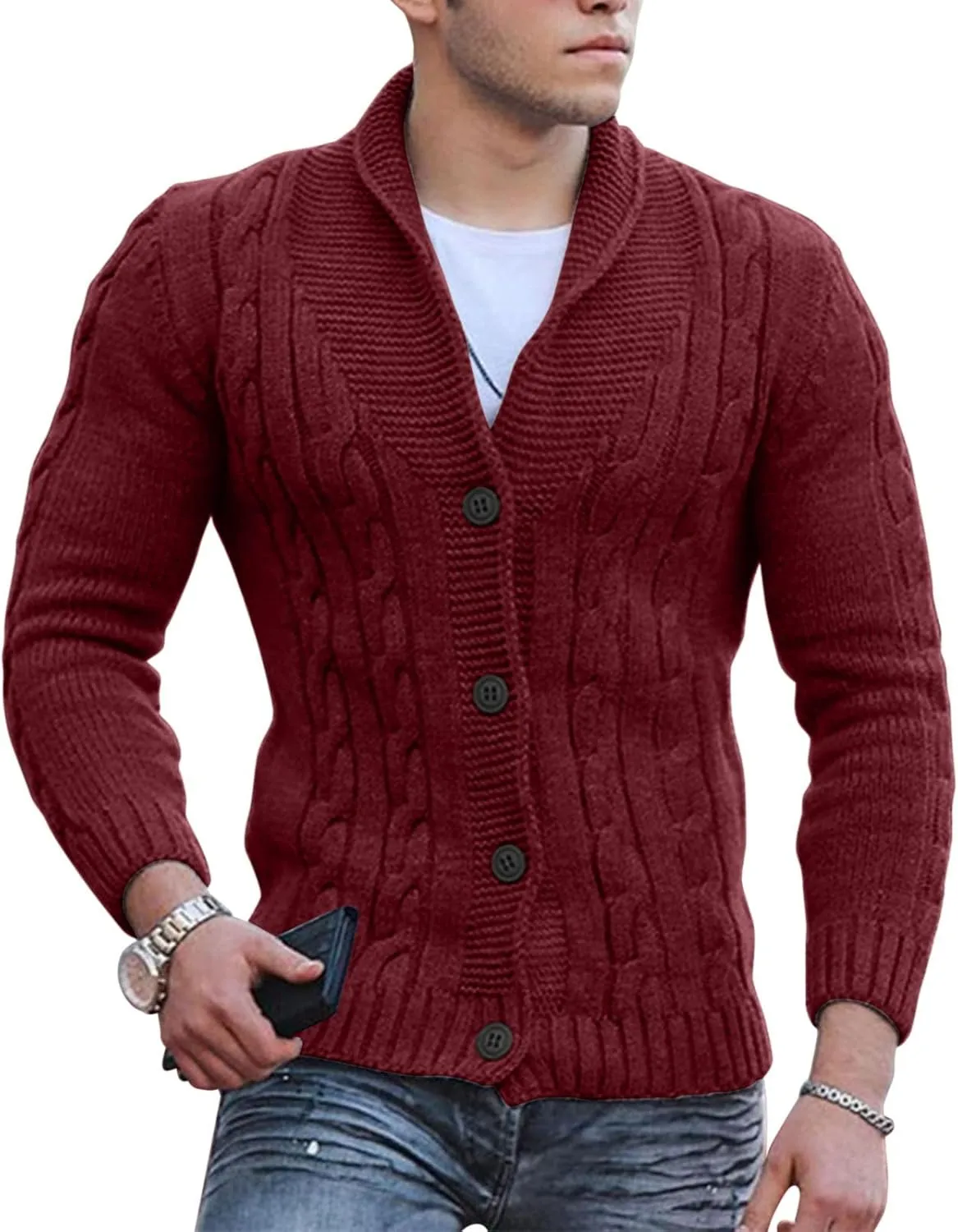 Mens Cable Knit Cardigan Sweater Shawl Loose Fit Long Sleeve Casual Cardigans Jacket Long for Men