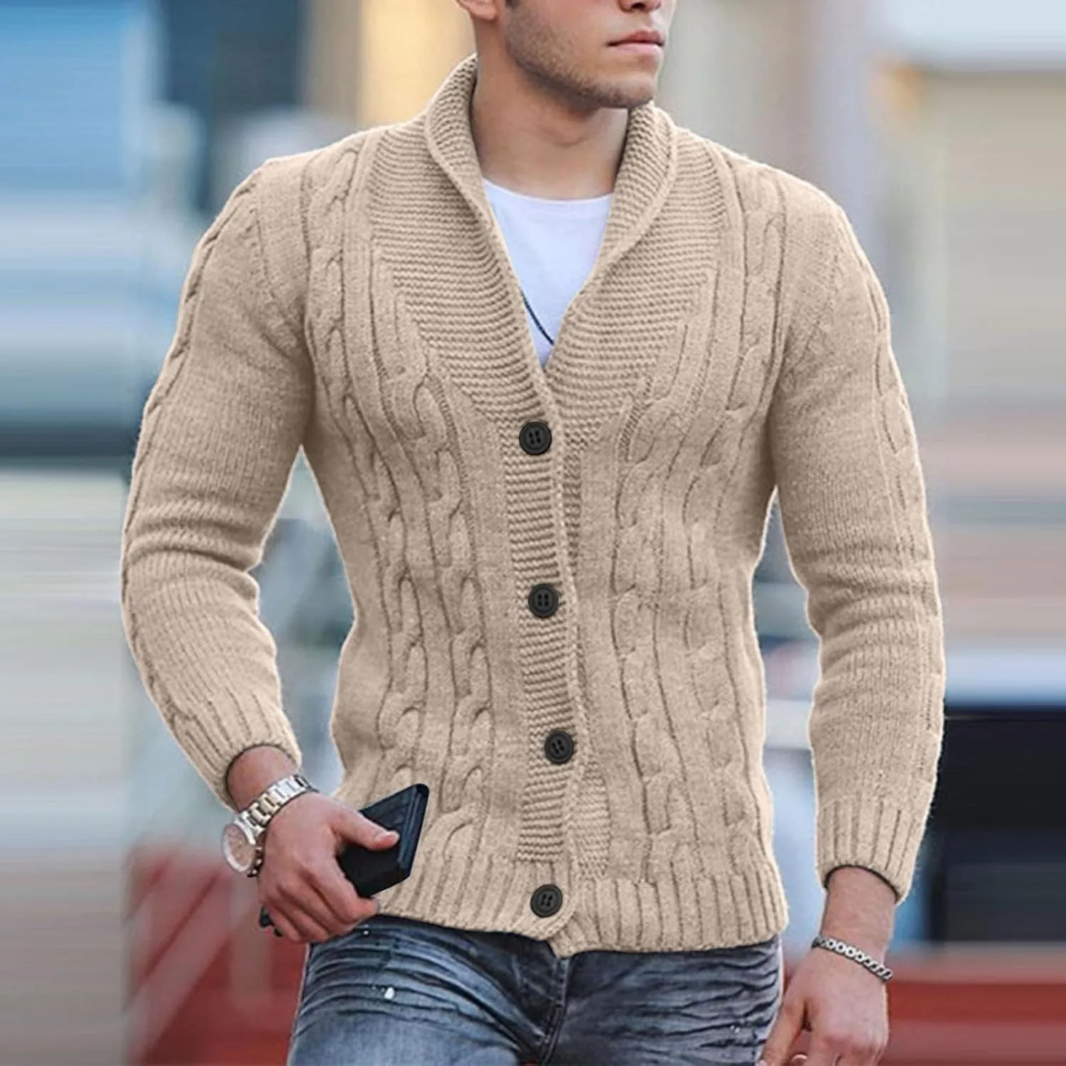 Mens Cable Knit Cardigan Sweater Shawl Loose Fit Long Sleeve Casual Cardigans Jacket Long for Men