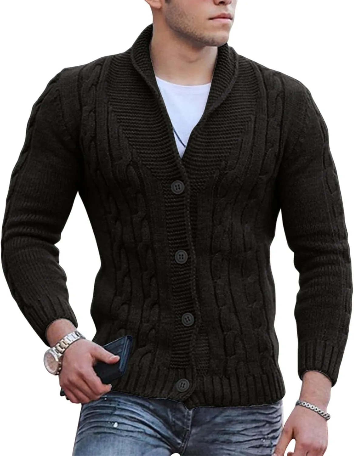 Mens Cable Knit Cardigan Sweater Shawl Loose Fit Long Sleeve Casual Cardigans Jacket Long for Men