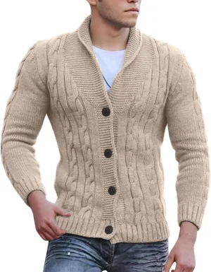 Mens Cable Knit Cardigan Sweater Shawl Loose Fit Long Sleeve Casual Cardigans Jacket Long for Men