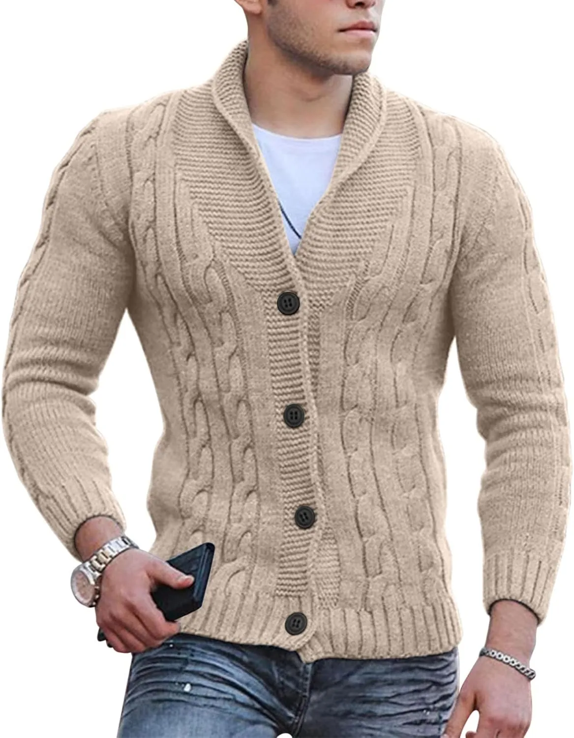 Mens Cable Knit Cardigan Sweater Shawl Loose Fit Long Sleeve Casual Cardigans Jacket Long for Men