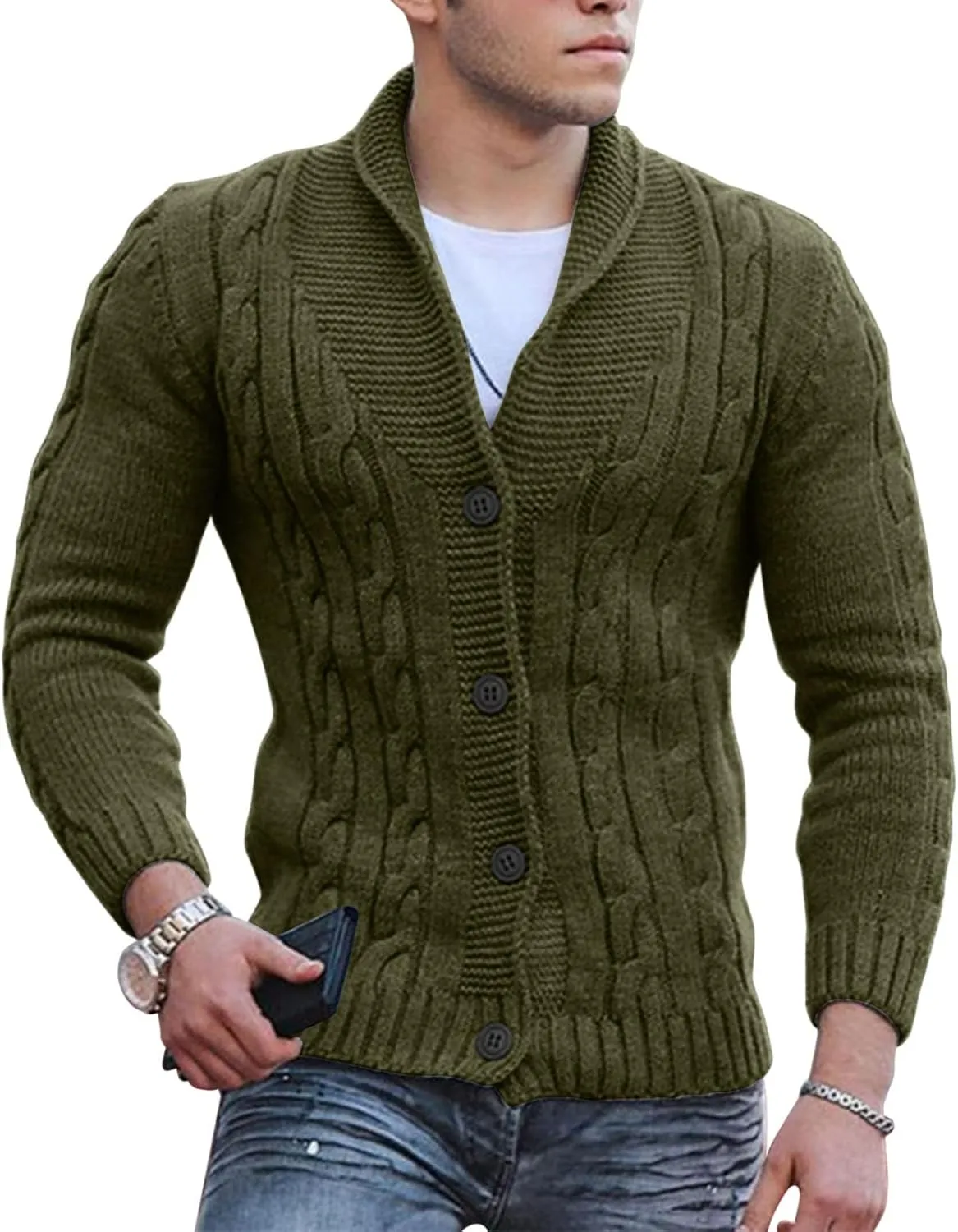Mens Cable Knit Cardigan Sweater Shawl Loose Fit Long Sleeve Casual Cardigans Jacket Long for Men