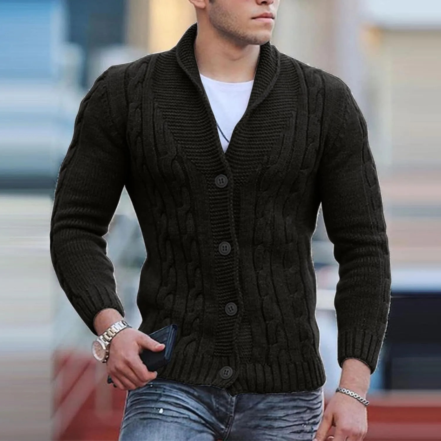 Mens Cable Knit Cardigan Sweater Shawl Loose Fit Long Sleeve Casual Cardigans Jacket Long for Men