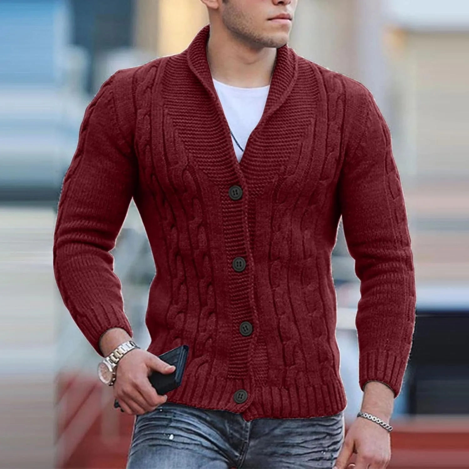 Mens Cable Knit Cardigan Sweater Shawl Loose Fit Long Sleeve Casual Cardigans Jacket Long for Men