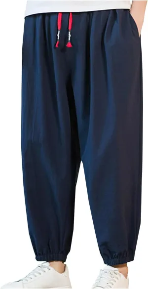 Men's Casual Pants Linen Pants Drawstring Beach Pants Relaxed-Fit Yoga Pants Soft Elastic Waist Pants