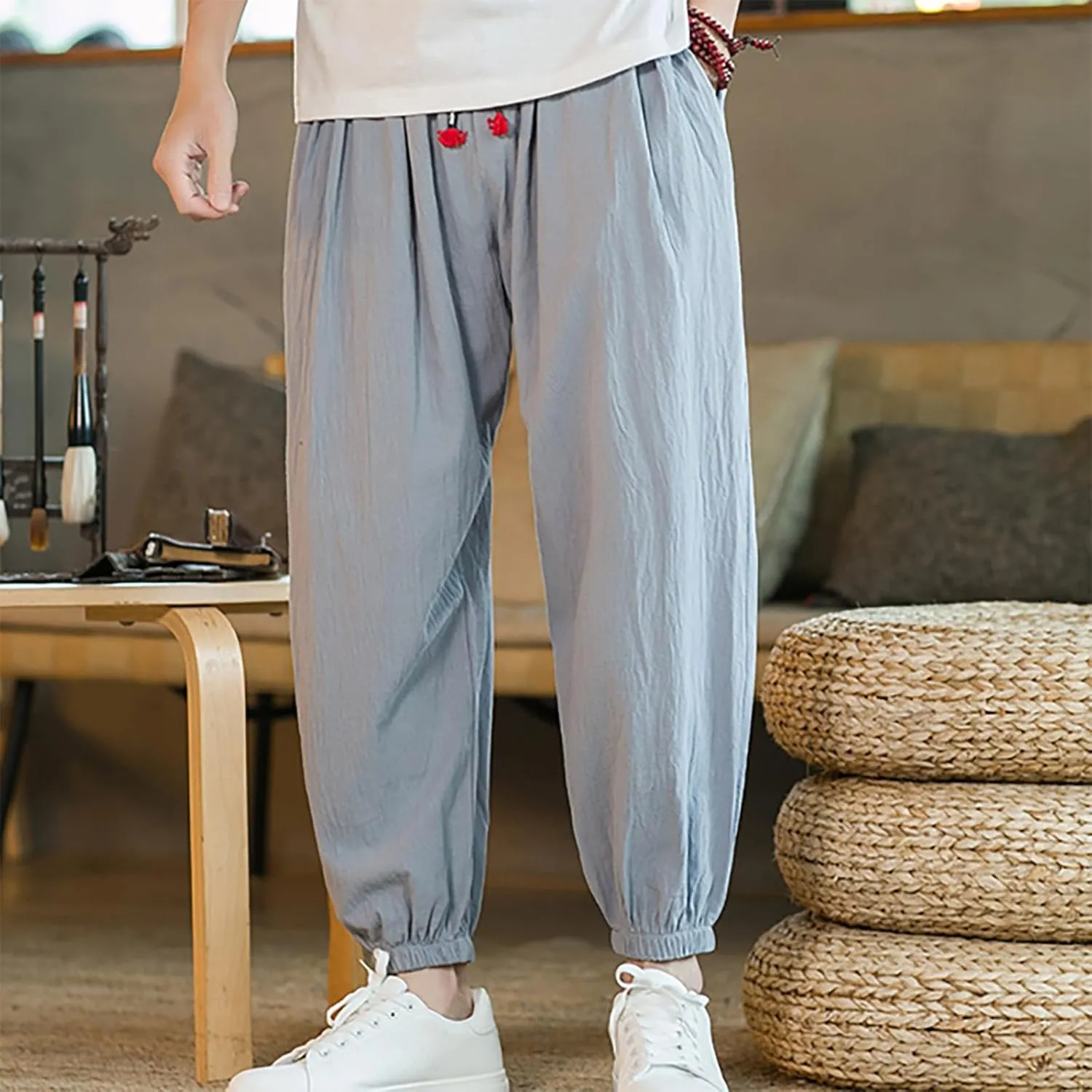 Men's Casual Pants Linen Pants Drawstring Beach Pants Relaxed-Fit Yoga Pants Soft Elastic Waist Pants