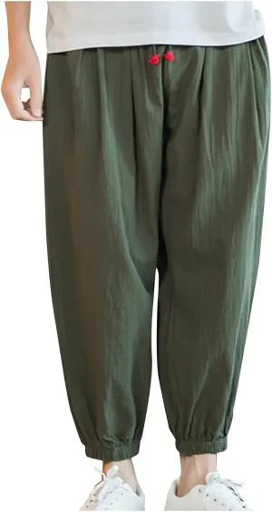 Men's Casual Pants Linen Pants Drawstring Beach Pants Relaxed-Fit Yoga Pants Soft Elastic Waist Pants