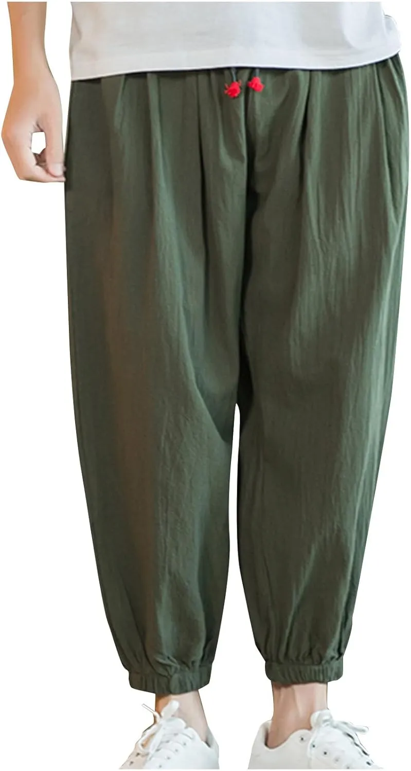 Men's Casual Pants Linen Pants Drawstring Beach Pants Relaxed-Fit Yoga Pants Soft Elastic Waist Pants