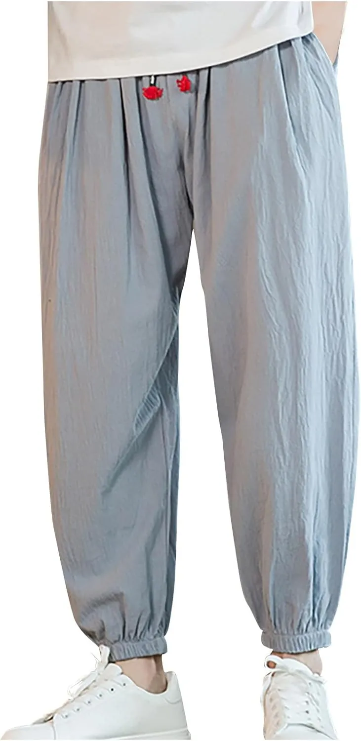 Men's Casual Pants Linen Pants Drawstring Beach Pants Relaxed-Fit Yoga Pants Soft Elastic Waist Pants