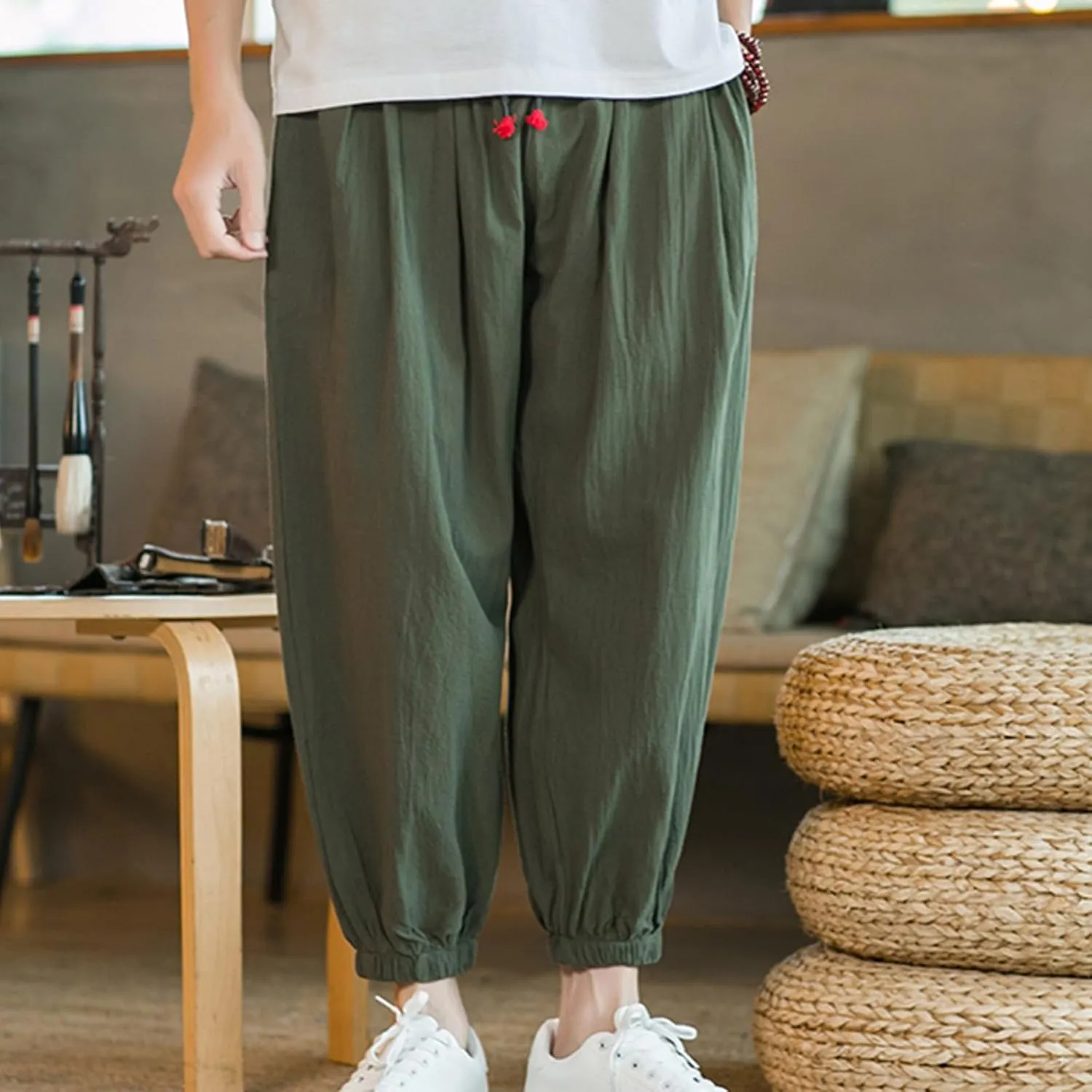 Men's Casual Pants Linen Pants Drawstring Beach Pants Relaxed-Fit Yoga Pants Soft Elastic Waist Pants