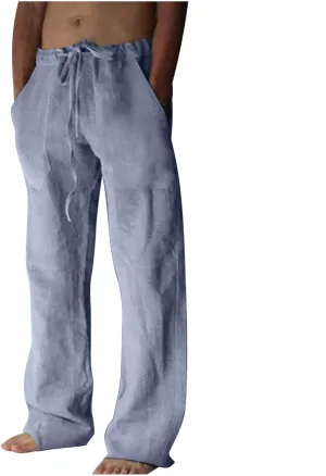 Mens Casual Pants Linen Pants Relaxed-Fit Beach Pants Summer Yoga Pants Drawstring Elastic Waist Pants