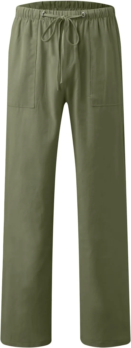 Mens Casual Pants Linen Pants Summer Beach Pants Drawstring Yoga Pants Soft Elastic Waist Pants