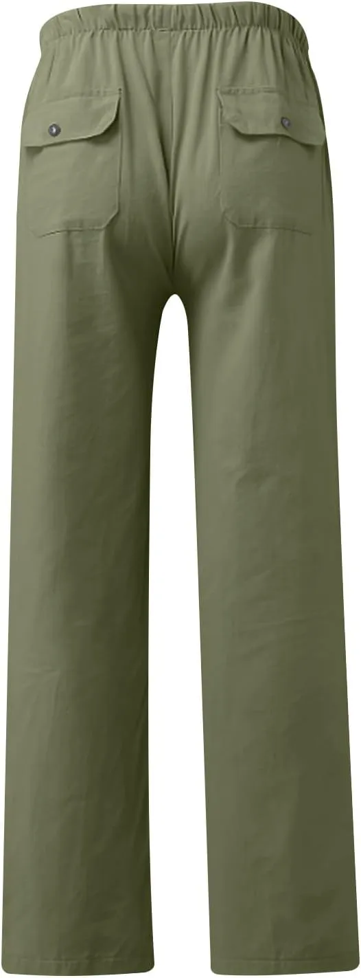 Mens Casual Pants Linen Pants Summer Beach Pants Drawstring Yoga Pants Soft Elastic Waist Pants