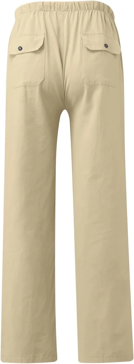 Mens Casual Pants Linen Pants Summer Beach Pants Drawstring Yoga Pants Soft Elastic Waist Pants