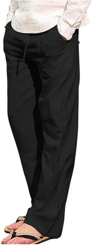 Mens Casual Pants Linen Pants Summer Beach Pants Drawstring Yoga Pants Soft Elastic Waist Pants