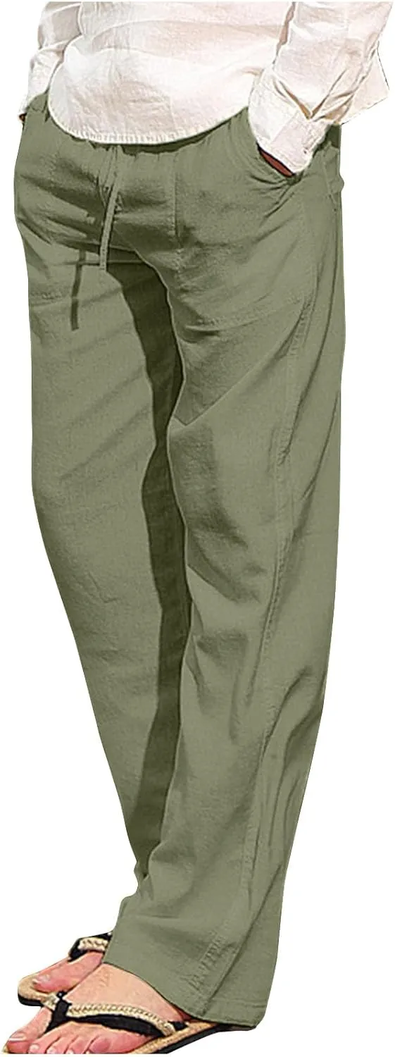 Mens Casual Pants Linen Pants Summer Beach Pants Drawstring Yoga Pants Soft Elastic Waist Pants