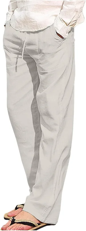 Mens Casual Pants Linen Pants Summer Beach Pants Drawstring Yoga Pants Soft Elastic Waist Pants