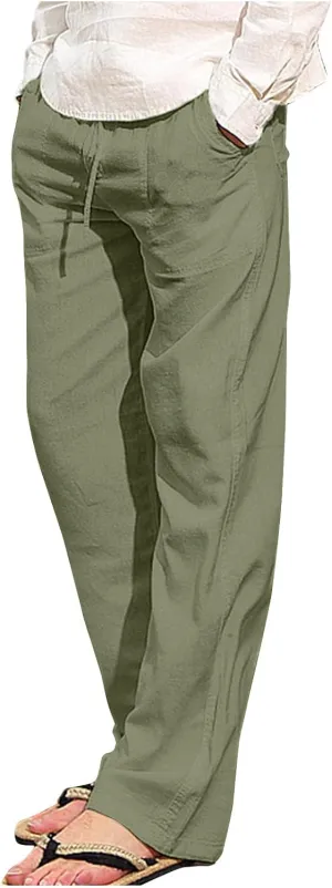 Mens Casual Pants Linen Pants Summer Beach Pants Drawstring Yoga Pants Soft Elastic Waist Pants