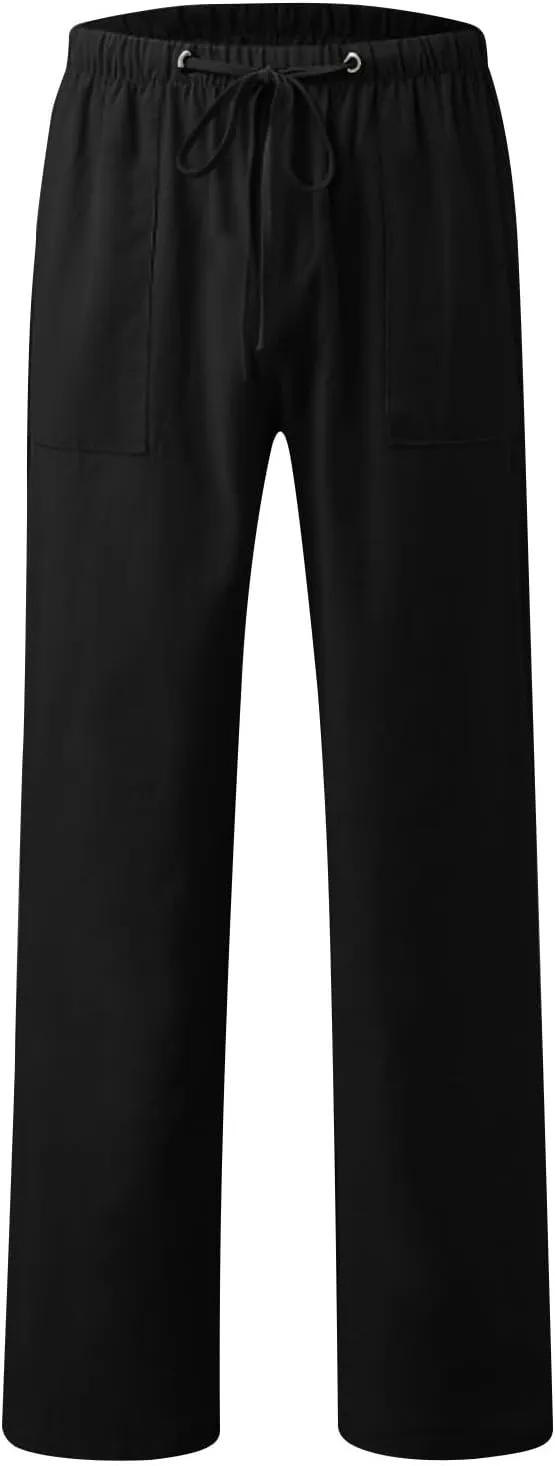Mens Casual Pants Linen Pants Summer Beach Pants Drawstring Yoga Pants Soft Elastic Waist Pants