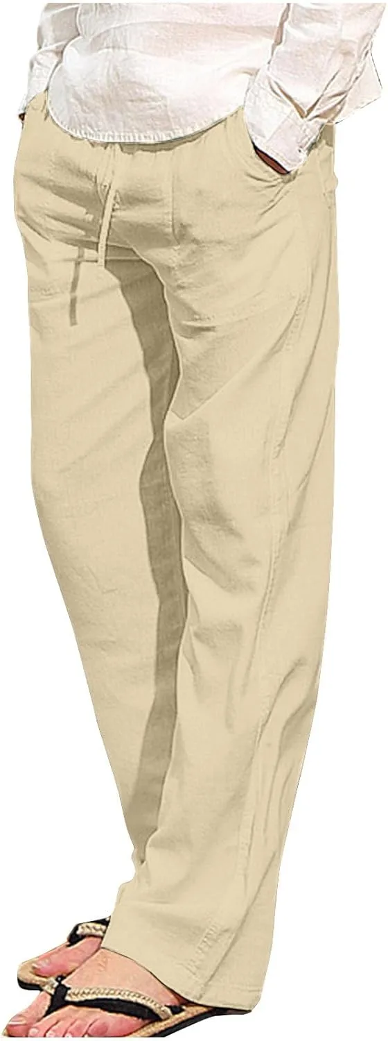 Mens Casual Pants Linen Pants Summer Beach Pants Drawstring Yoga Pants Soft Elastic Waist Pants