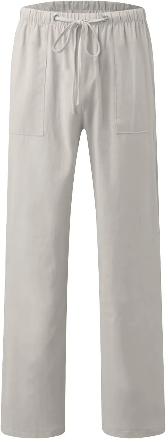 Mens Casual Pants Linen Pants Summer Beach Pants Drawstring Yoga Pants Soft Elastic Waist Pants