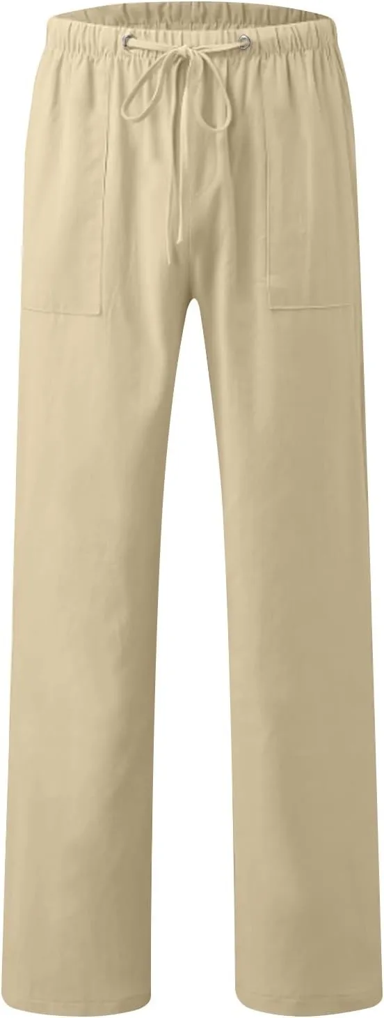 Mens Casual Pants Linen Pants Summer Beach Pants Drawstring Yoga Pants Soft Elastic Waist Pants