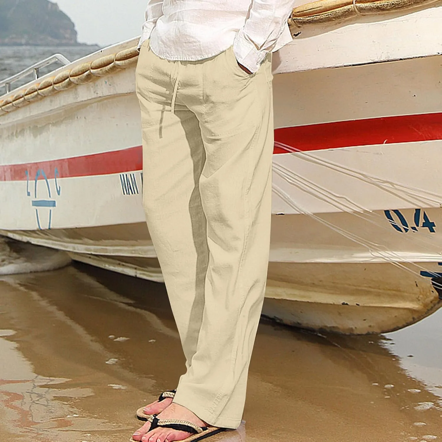 Mens Casual Pants Linen Pants Summer Beach Pants Drawstring Yoga Pants Soft Elastic Waist Pants