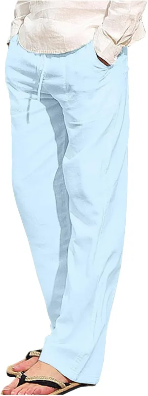 Mens Casual Pants Linen Pants Summer Beach Pants Drawstring Yoga Pants Soft Elastic Waist Pants